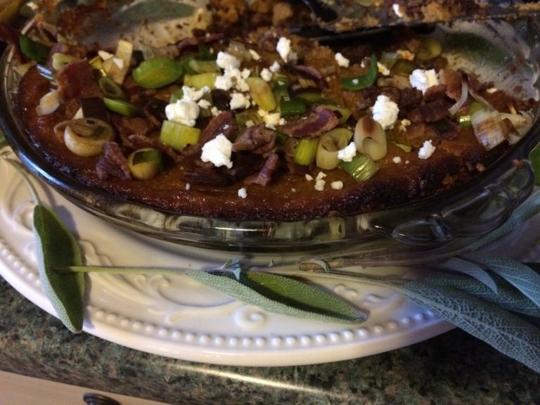 Sweet Potato Pie with Bacon, Leeks, and Goat Cheese