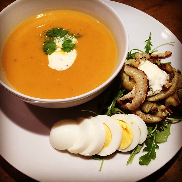 Sweet Potato Apple Soup with Rosemary Infused Mascarpone and Roasted Fennel