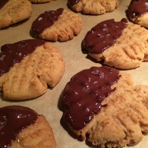 Peanut Butter Cookies Dipped in Dark Chocolate Sprinkled with Sea Salt