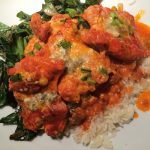 Buffalo Chicken Thighs with Jasmine Rice and Collard Greens