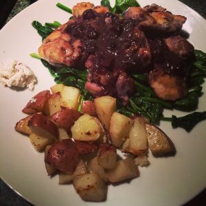 Blueberry Balsamic Chicken with Wilted Spinach and Rosemary Roasted Potatoes