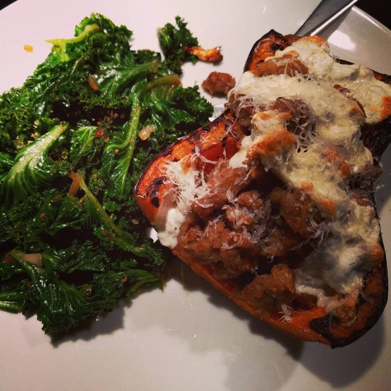 Sausage Stuffed Butternut with a Side of Kale