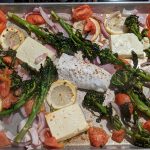 Baked Feta with Halibut, Broccolini, Tomatoes, and Lemon on Farro with Dill
