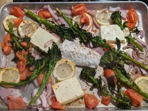 Baked Feta with Halibut, Broccolini, Tomatoes, and Lemon on Farro with Dill