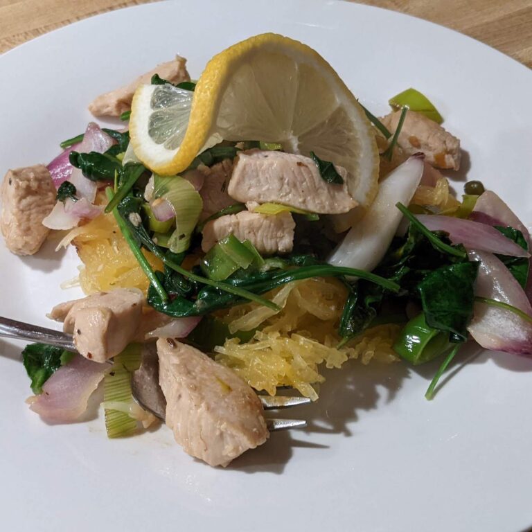 Chicken with Lemon and Herbs Over Spaghetti Squash