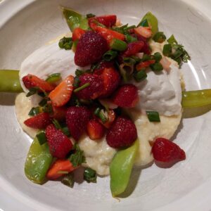 Poached Halibut with Spicy Strawberry Salsa, Snow Peas, and Polenta