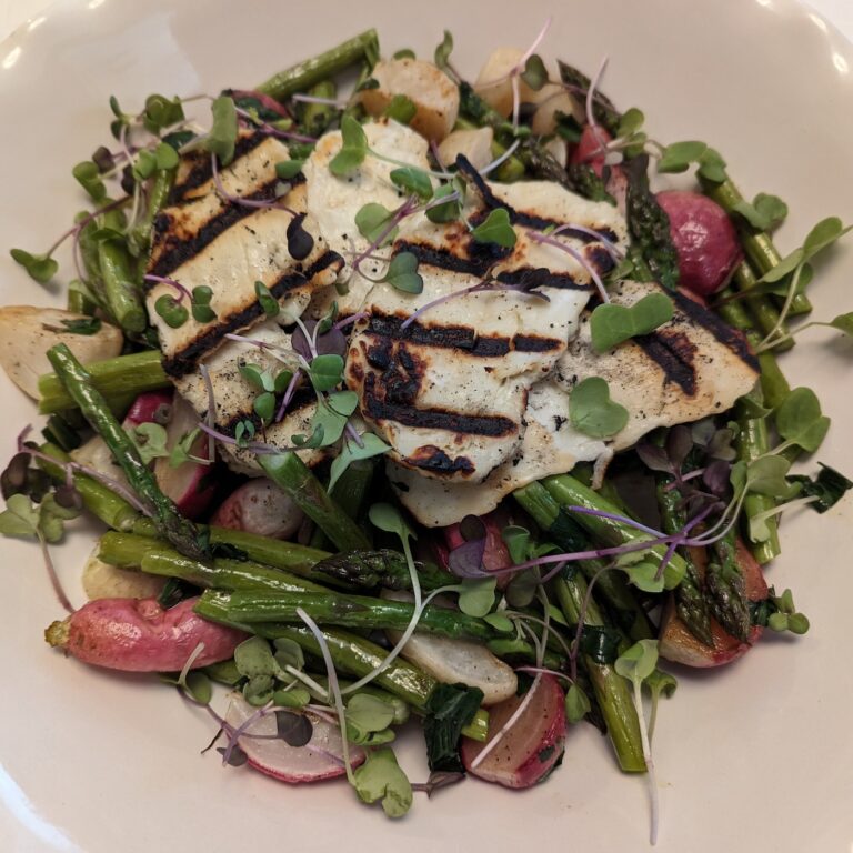 Roasted Hakurei, Radishes, and Asparagus with Ramps, Grilled Halloumi, and Micro Greens